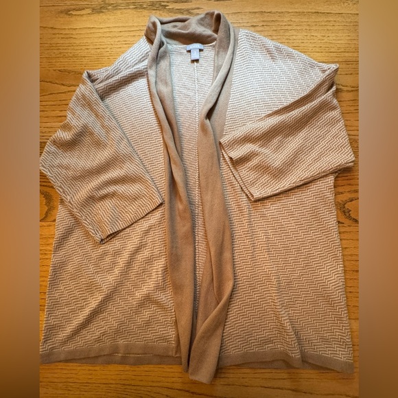 Chicos Size XL Beige Tan/White Striped Short Sleeve Open‎ Cardigan Sweater - Picture 1 of 5